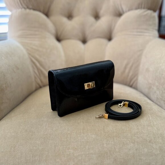 Auth. SUAREZ Italy Genuine Karung Lizard Black MINAUDIÈRE Bag - Picture 2 of 6